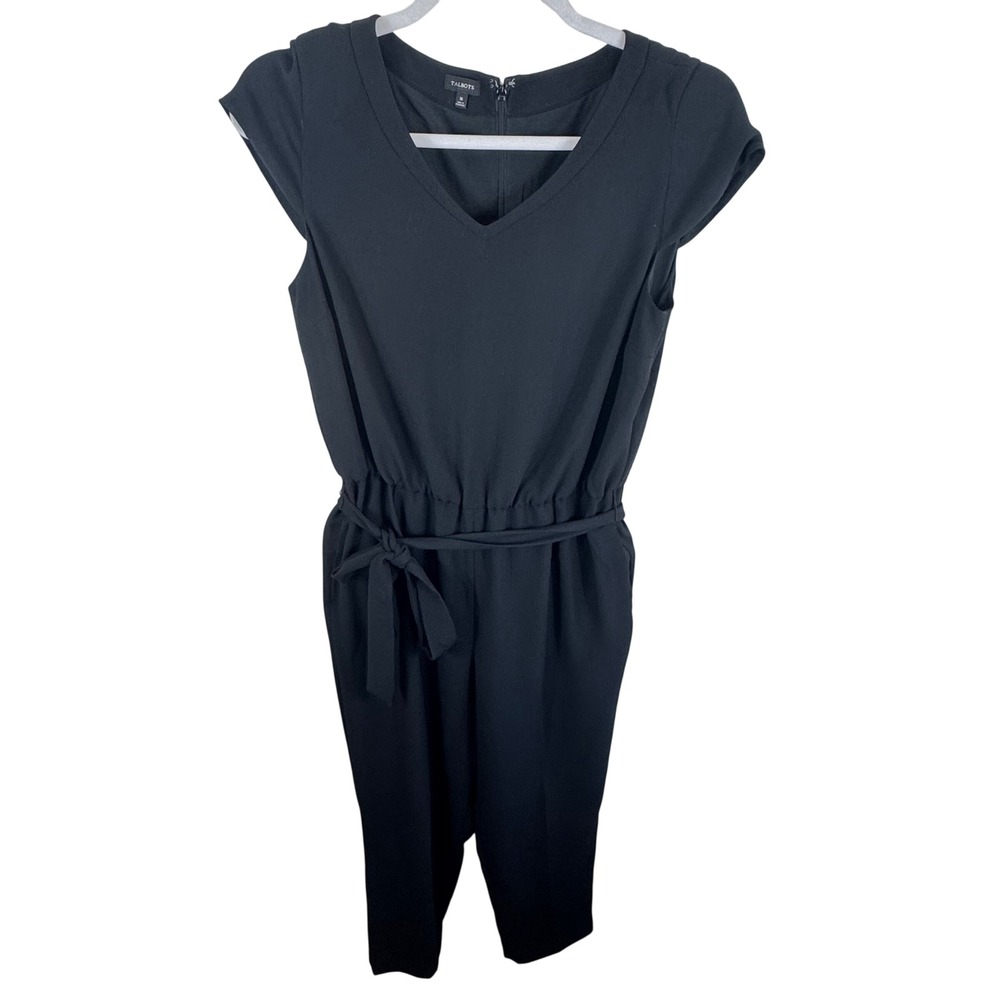 Talbots Womens Black V-Neck Cap Sleeve Belted Jumpsuit Chic Classicâ Size 16